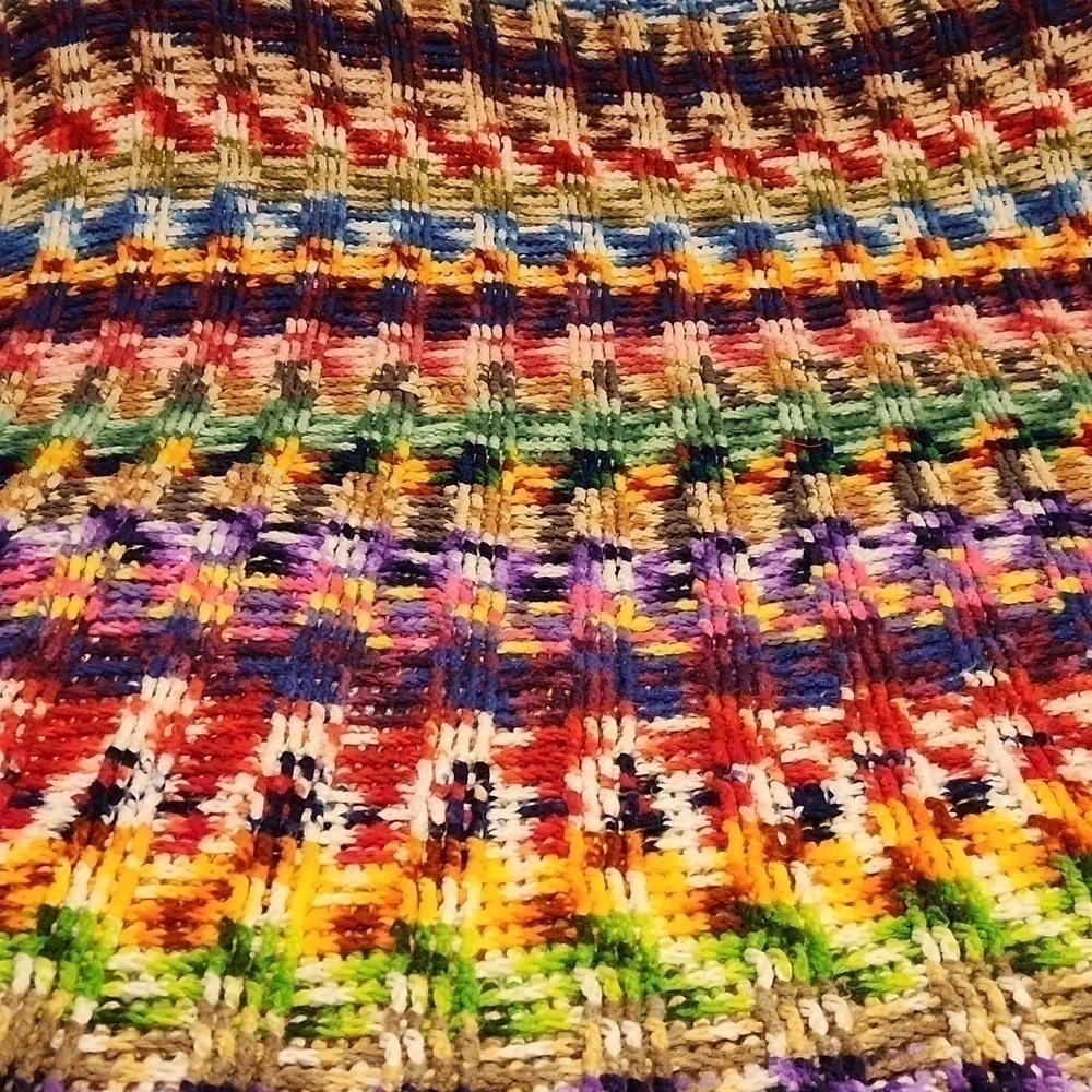 Crocheted Afghan Bedspread multi color 1970s Huge